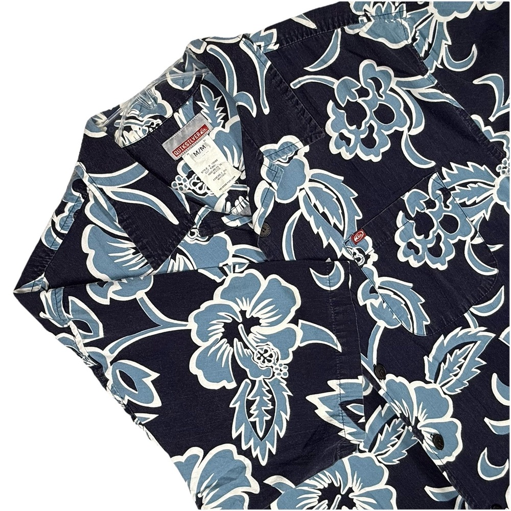 Vintage Quiksilver Hawaiian Shirt Mens medium L Blue Floral Button Down Rare Y2k